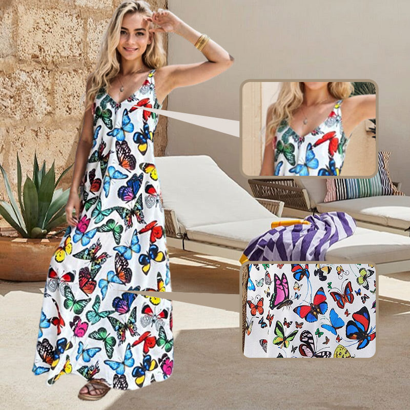 💕50% discount💕Butterflies fluttering, as elegant as you - V-neck printed long dress with thin straps.💕