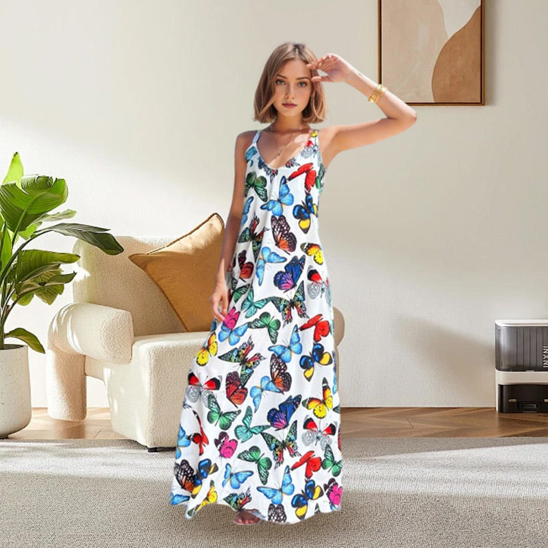 💕50% discount💕Butterflies fluttering, as elegant as you - V-neck printed long dress with thin straps.💕