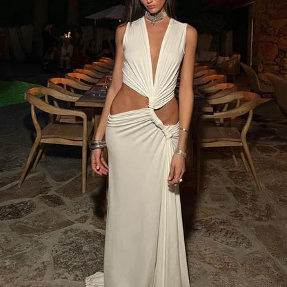 V-Neck Waist Cutout Pleated Slit Long Dress（50% OFF）