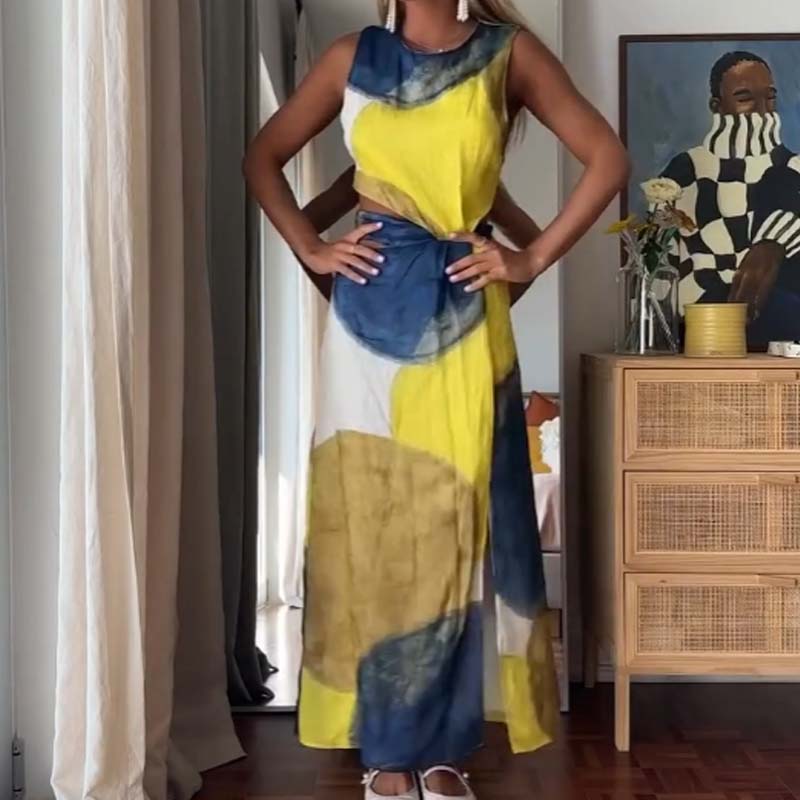 Women’s Elegant Abstract Watercolor Cutout Dress