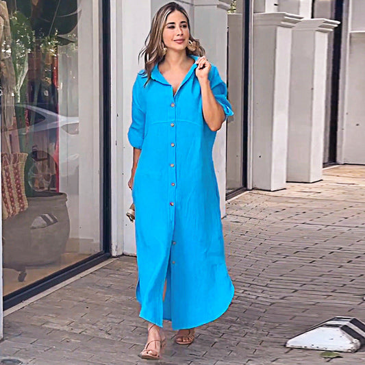 Casual Long Sleeve Shirtdress with Side Slit