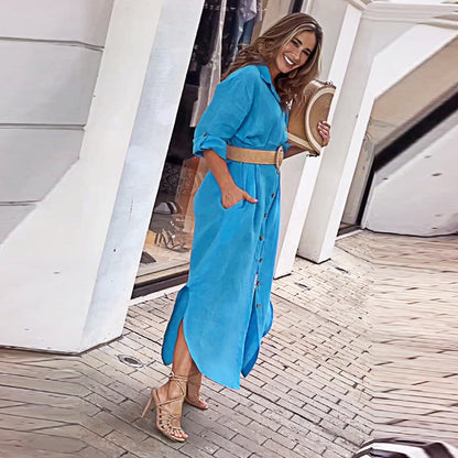 Casual Long Sleeve Shirtdress with Side Slit