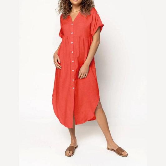 🔥HOT SALE🔥Women's Casual Loose Rolled Up Sleeve Button Down Shirt Dress