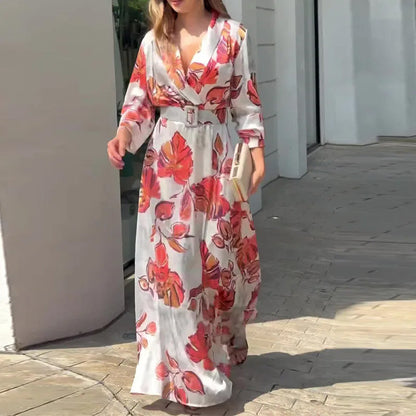 Deep V-Neck Maxi Dress with Belt