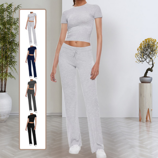 Women's Casual Solid Color T-Shirt & Straight Leg Pants Set