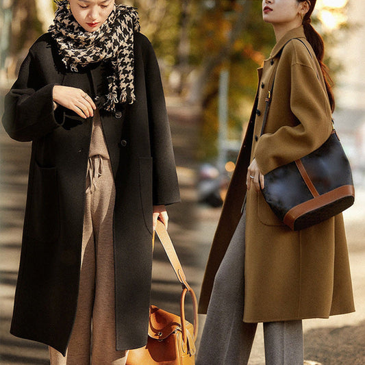 [Best Gift For Her] Women's Double-Faced Faux Wool Tweed Long Coat