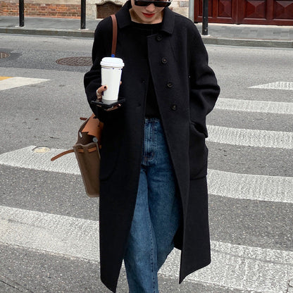 [Best Gift For Her] Women's Double-Faced Faux Wool Tweed Long Coat