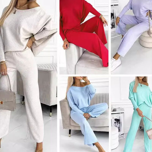 🍁Autumn New Releases🍁Women's Solid Color Drop Shoulder Pullover and Loose Pants Set