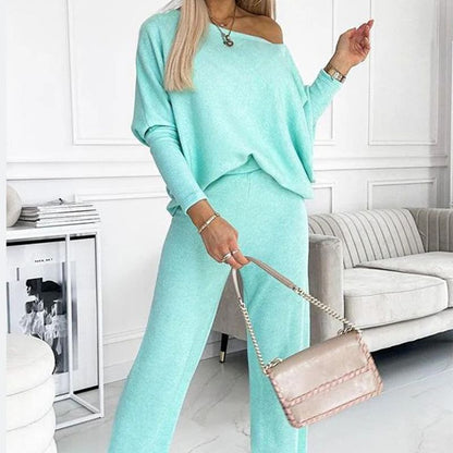🍁Autumn New Releases🍁Women's Solid Color Drop Shoulder Pullover and Loose Pants Set