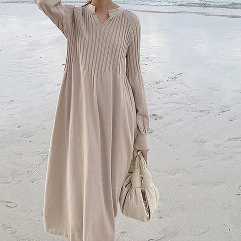 Women's Solid Color Knitted Long-sleeve Maxi Dress