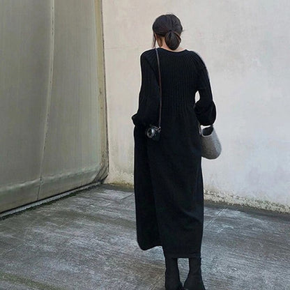Women's Solid Color Knitted Long-sleeve Maxi Dress
