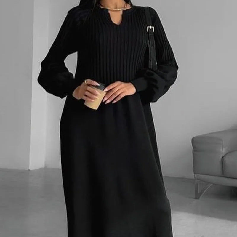 Women's Solid Color Knitted Long-sleeve Maxi Dress