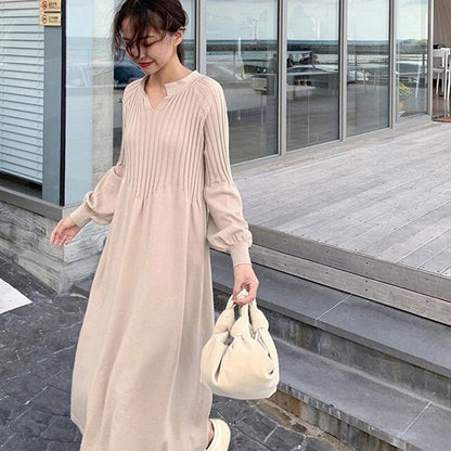 Women's Solid Color Knitted Long-sleeve Maxi Dress