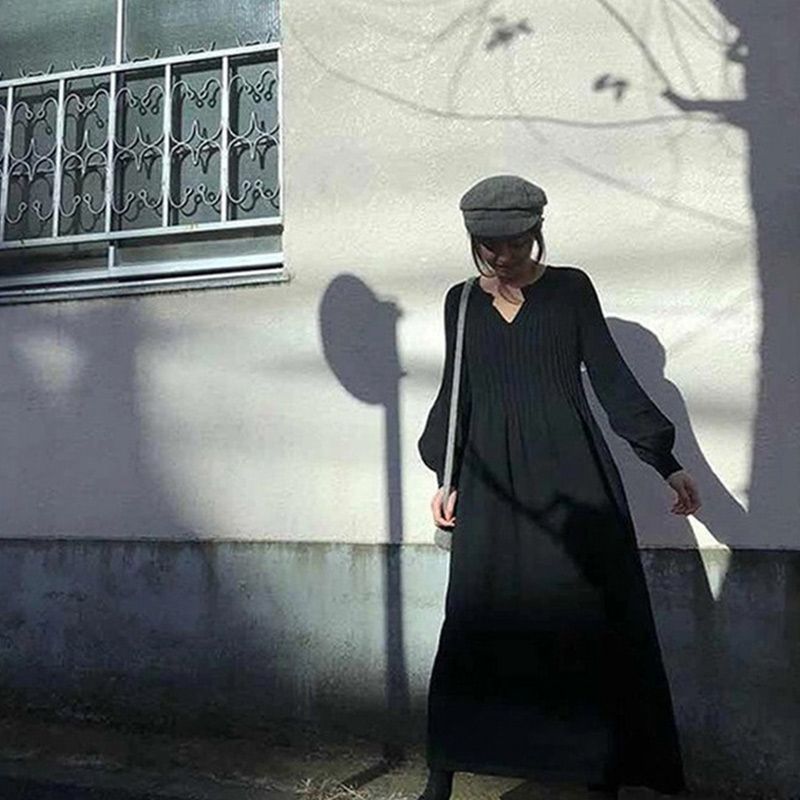 Women's Solid Color Knitted Long-sleeve Maxi Dress