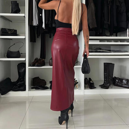 Women's Elegant Sexy High-waist Thigh-slit Leather Skirt