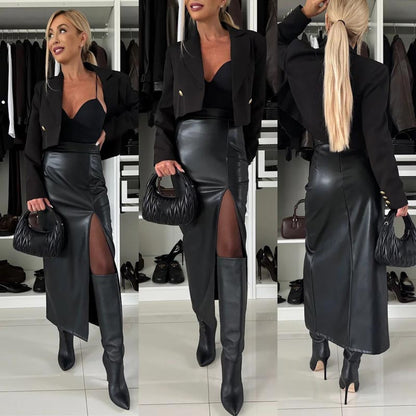 Women's Elegant Sexy High-waist Thigh-slit Leather Skirt