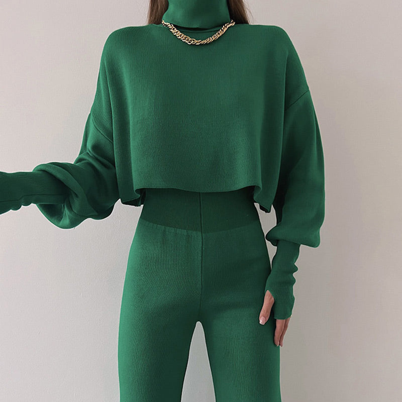 💖What should I wear tomorrow?💖Women's Long-sleeve High Neck Crop Top and Pants Set