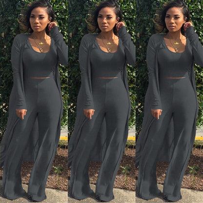 Women’s Stretch Knitted Tank Top High-waist Leggings and Long Cardigan 3-piece Set
