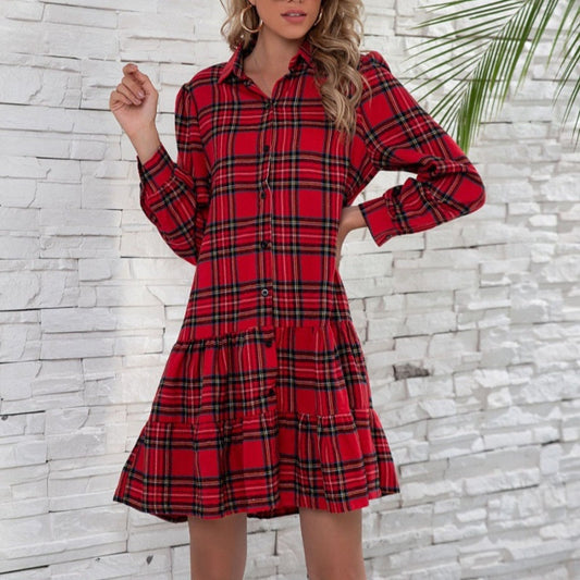 🎅Early Xmas Sales 🎁Women's Christmas Plaid Lapel Short Dresses