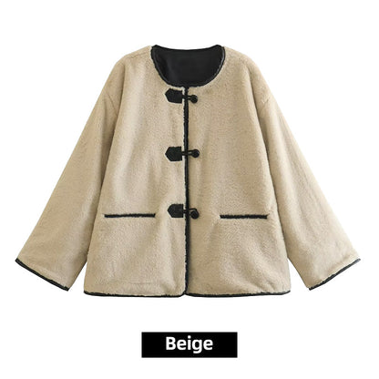 Loose round neck lamb wool, cardigan jacket interprets elegant charm