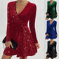 V-neck hip-waisted skirt, sequins sparkling, bloom unique charm.