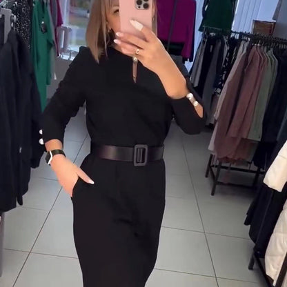 Women's Elegant Solid Color Dress with Belt