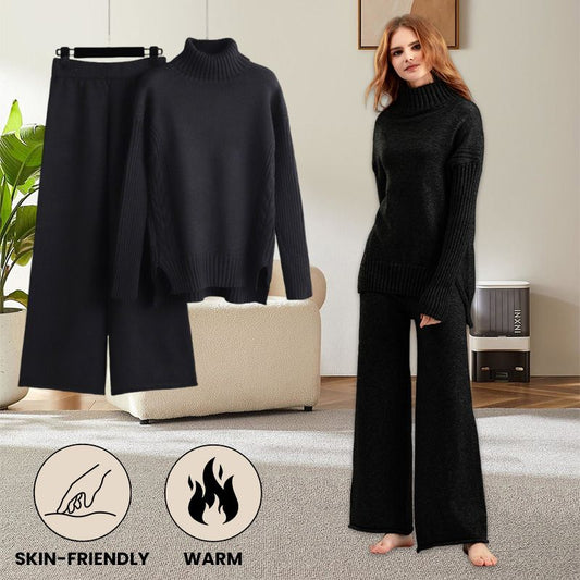 Women’s Casual Relaxed Knitted Turtleneck Sweater and Wide-leg Pants Set