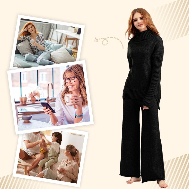 Women’s Casual Relaxed Knitted Turtleneck Sweater and Wide-leg Pants Set