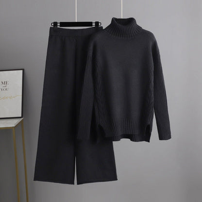 Women’s Casual Relaxed Knitted Turtleneck Sweater and Wide-leg Pants Set