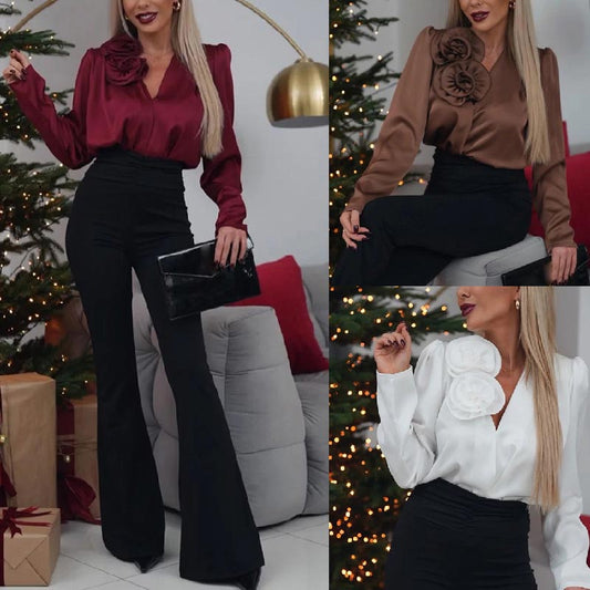 🔥 What should I wear tomorrow? 🔥Women's Luxurious Satin V-neck Blouse with Rose Detail