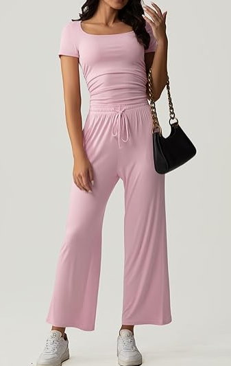 What should I wear tomorrow?-Women's 2-Piece Lounge Set: Ruched Top & Wide-Leg Pants