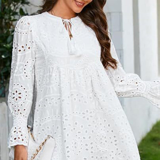 Women's V-Neck Lace-Up Hollow-Out Dress with Flared Sleeves
