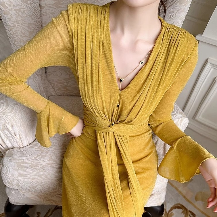 🔥 What should I wear tomorrow? 🔥Elegant V-Neck Pleated Bodycon Maxi Dress