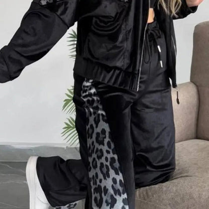 🔥What should I wear tomorrow?🔥 Women's Fashion Leopard Print Zipper Top＆Drawstring Pants (2-Piece Set)