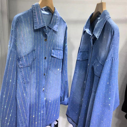Women's Button Down Denim Shirt with Rhinestones