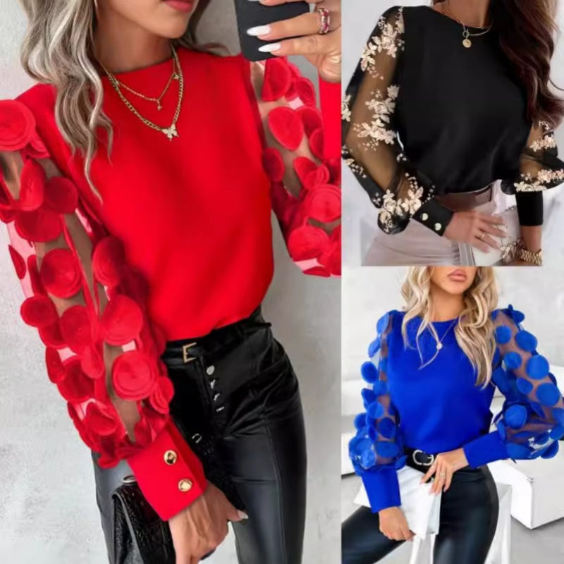 🔥What should I wear tomorrow?🔥 Women’s Flower Mesh Long-Sleeve Round Neck Tops