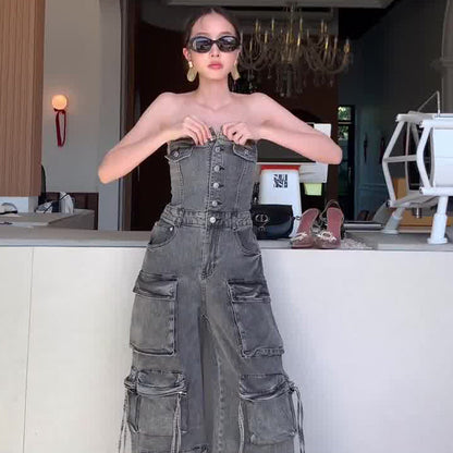 🔥What should I wear tomorrow?🔥Women's Retro Denim Strapless Cargo Jumpsuit