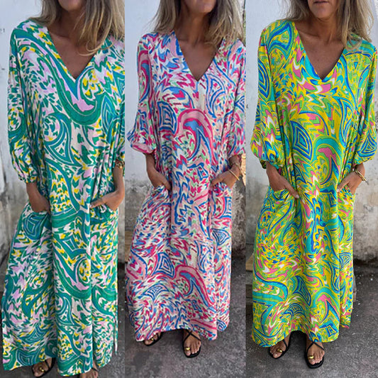 🔥What should I wear tomorrow?🔥Women's Bohemian V-Neck Abstract Printed Maxi Dress