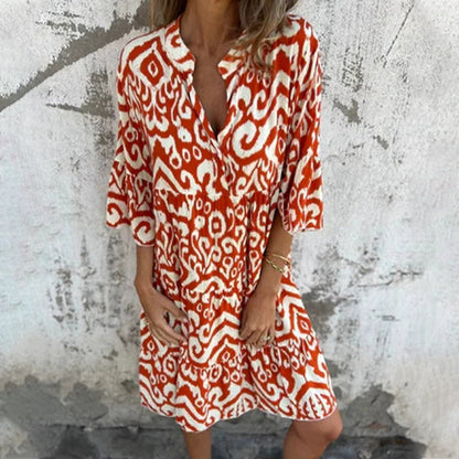 💕What should I wear tomorrow?💕V-Neck Printed Three-Quarter Sleeve Dress