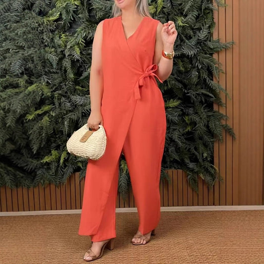 🌸Limited-time offer 50% OFF🌸Women's Solid Color Casual V-Neck Tied Jumpsuit
