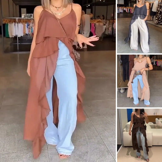 What should I wear tomorrow? Women's  Layered Ruffle Slit Hem Camisole Tunic