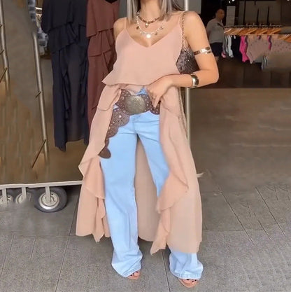 What should I wear tomorrow? Women's  Layered Ruffle Slit Hem Camisole Tunic