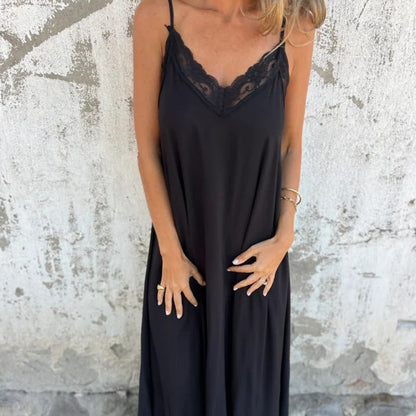 What should I wear tomorrow? 💕Women's Elegant Lace Trim V-Neck Spaghetti Strap Maxi Dress