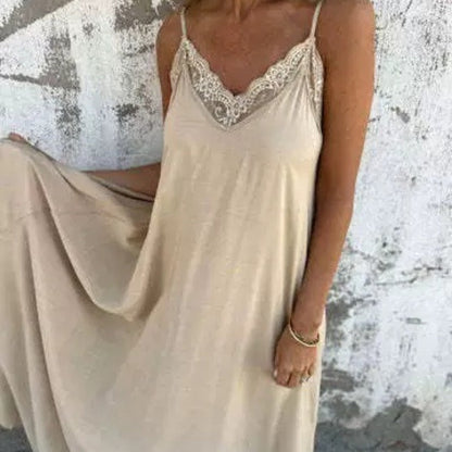 What should I wear tomorrow? 💕Women's Elegant Lace Trim V-Neck Spaghetti Strap Maxi Dress