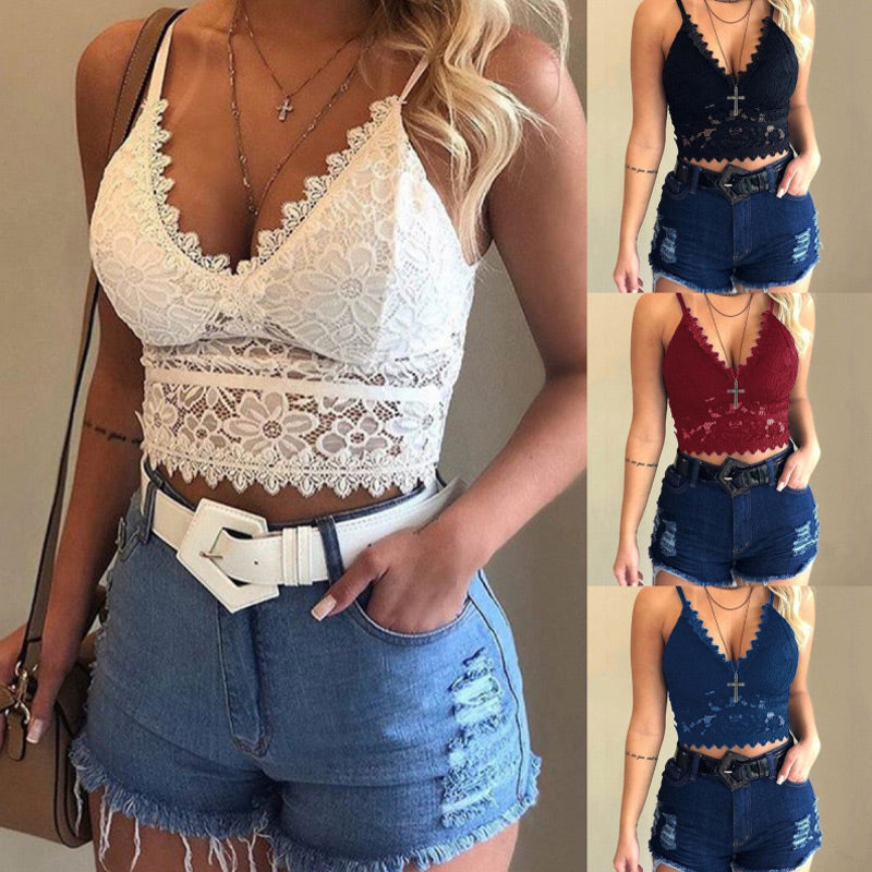 Women Floral Lace Lace Longline Bra Crop Top