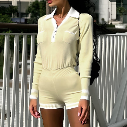 💕What should I wear tomorrow?💕Fashion Long Sleeve Knit V-Neck Short Jumpsuit