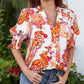 Floral V-neck Puff Sleeve Blouse For Women