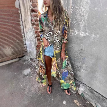 💗Limited Time Half Price Offer💗Printed Long Sleeve Lapel Open-Front Dress（The more you buy, the higher the discount）