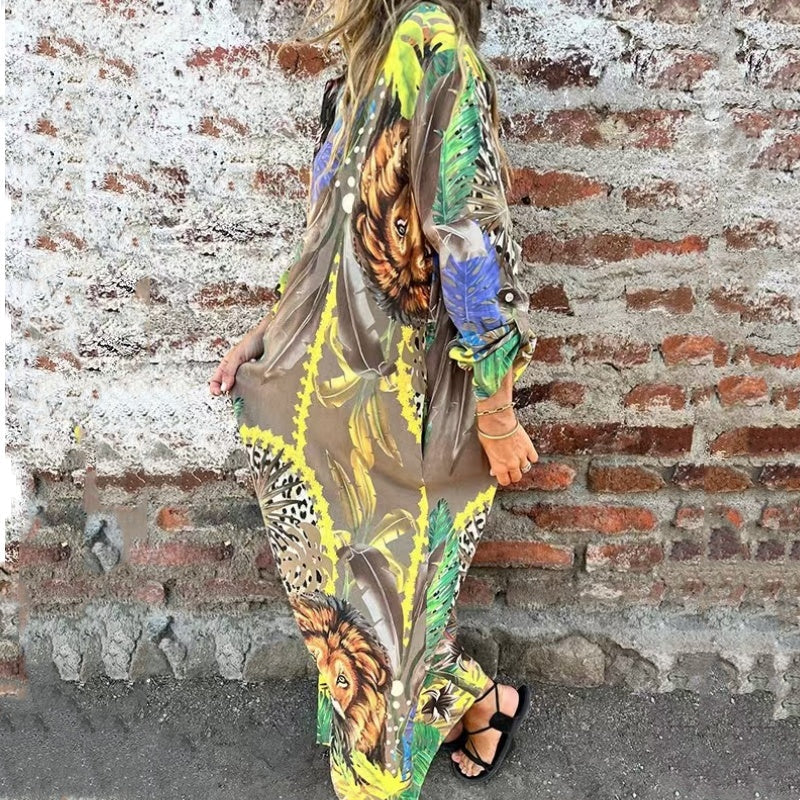 💗Limited Time Half Price Offer💗Printed Long Sleeve Lapel Open-Front Dress（The more you buy, the higher the discount）