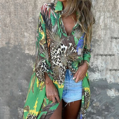 💗Limited Time Half Price Offer💗Printed Long Sleeve Lapel Open-Front Dress（The more you buy, the higher the discount）